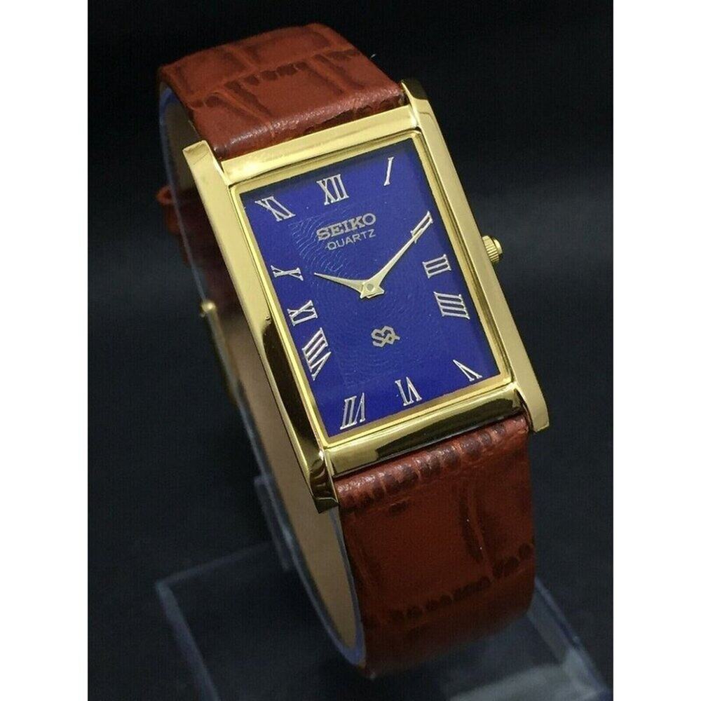 Vintage Style Seiko Quartz Mens Gold Watch & Blue accents W/ Leather Strap